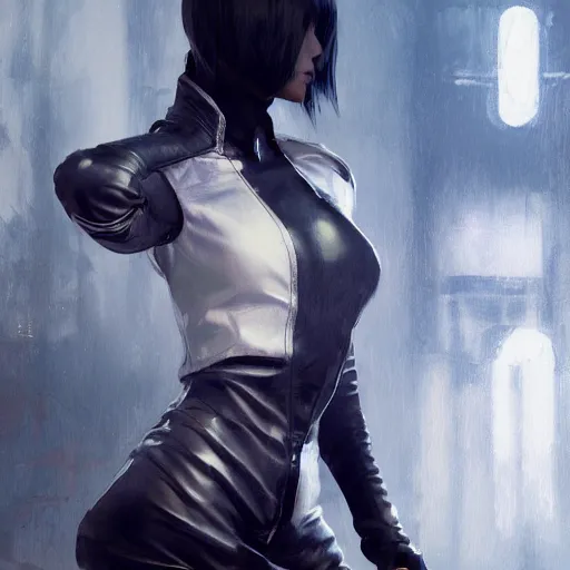 Image similar to painting of high detail yorha no. 2 type a wearing skintight leather jacket by jeremy mann, fantasy art, dynamic lighting, artstation, poster, volumetric lighting, 4 k, award winning