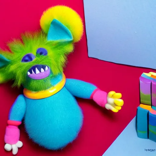 Prompt: cute fluffly monster hiding under the bed, claymation, colourful, children's book style