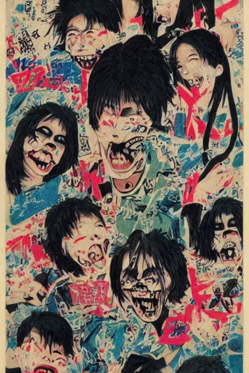 Image similar to japanese graffiti horror vhs cover art, detailed facial expressions