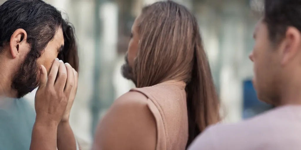 Prompt: an over the shoulder shot of a woman who appears to be verbally scolding a man that is crying