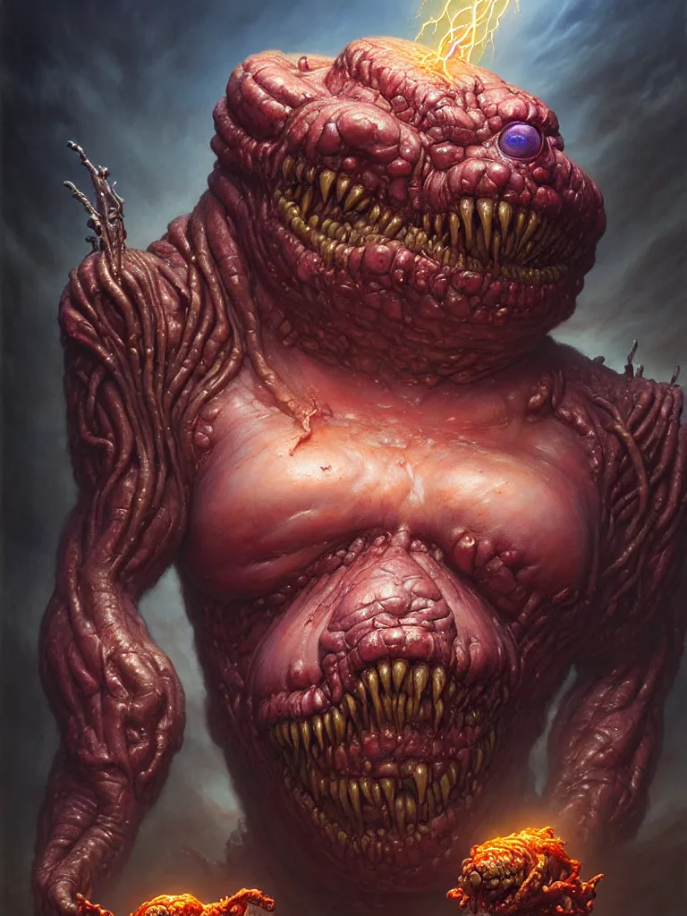 Image similar to hyperrealistic rendering, fat smooth cronenberg flesh monster epic heavy metal overlord by donato giancola and greg rutkowski and wayne barlow and zdzisław beksinski, eyeballs, lightning, magic runes, product photography, action figure, sofubi, studio lighting, colored gels, colored background