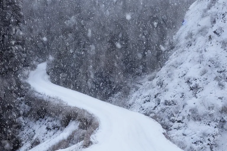 Prompt: a dangerous winding road route on an icy snowy cliff, blizzard, photo