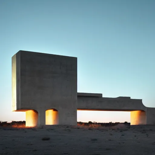 Image similar to big concrete structure in the desert at night, neon lights, minimalist architecture, james turrel,