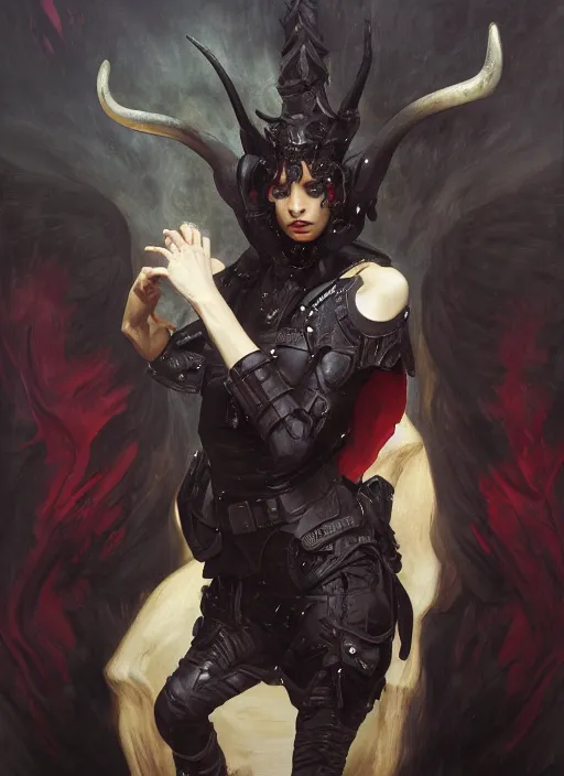 Image similar to portrait demon half human, elegant, wearing a bomber jacket, armor, hyper realistic, horns, extremely detailed, dnd character art portrait, fantasy art,, dramatic lighting, vivid colors, deviant art, artstation, by edgar maxence and caravaggio and michael whelan and delacroix, lois van baarle and bouguereau