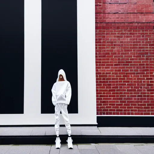 Prompt: un ultra high definition modern streetwear art photographic portrait of a female designer standing outside her red brick london home wearing all white. wide angle. three point light. golden hour, golden ratio, ray tracing, volumetric light and shadow, shallow depth of field.