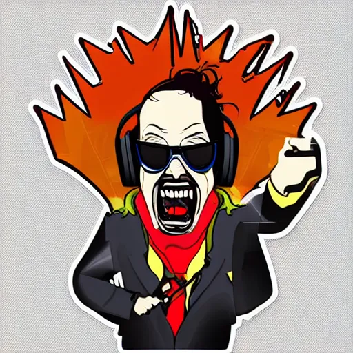 Image similar to svg vector sticker of absolutely insane-mad-scientist-villain, rocking out, wearing headphones, huge speakers, dancing, rave, DJ, spinning records, digital art, amazing composition, rule-of-thirds, award-winning, trending on artstation, featured on deviantart