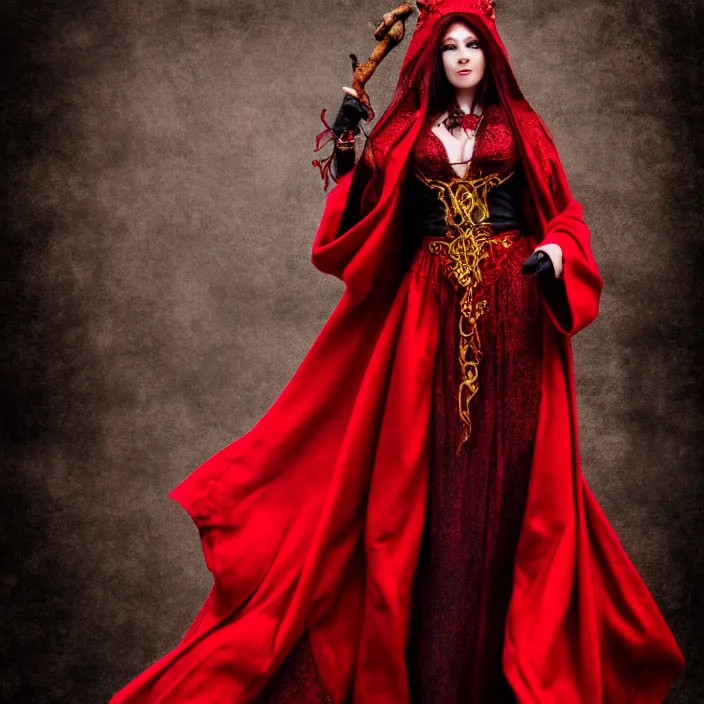 Prompt: full body photo of a very beautiful!! elemental fire witch with ornate red robes, highly detailed, 4 k, hdr, smooth, sharp focus, high resolution, award - winning photo