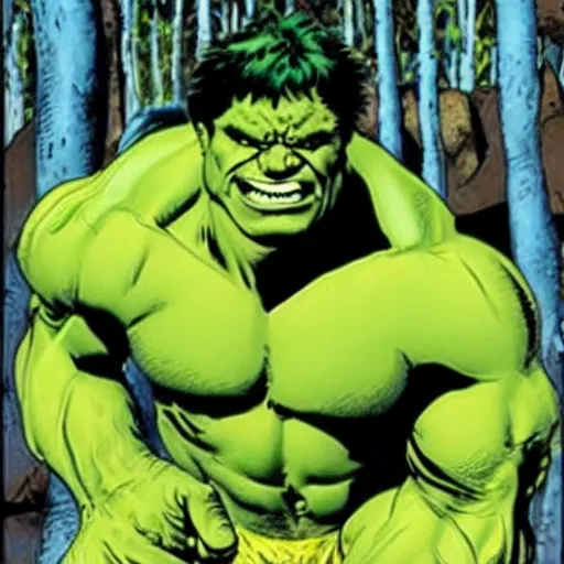 Image similar to the Incredible Hulk as a Sasquatch in the forest