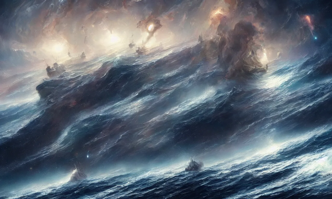 Image similar to a beautiful painting of a ship sailing across a violent tumultuous ocean made up of a galaxies and stars in the space by John Blanche and Greg Rutkowski, trending on Artstation, midjourney