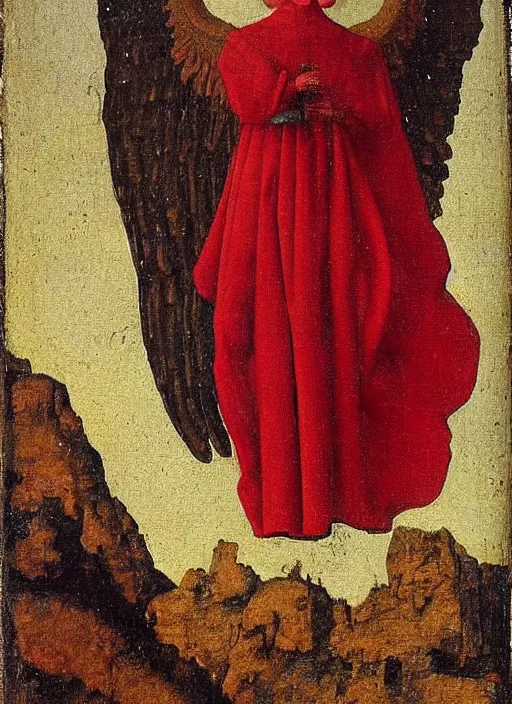 Image similar to Flying Fallen Angel with wings dressed in red, Medieval painting by Jan van Eyck, Johannes Vermeer, Florence