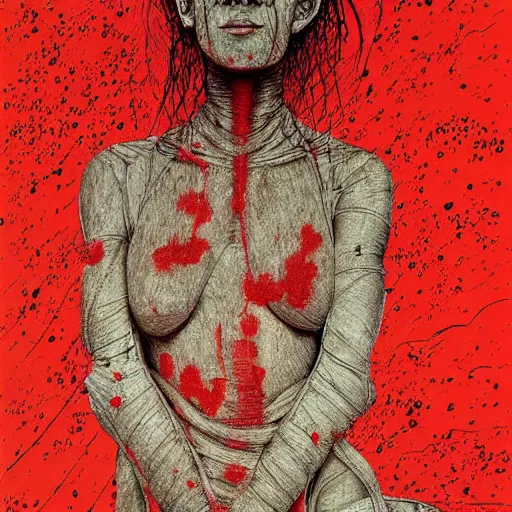 Image similar to a portrait bandaged mummy, smooth lines, red splatters, in the style of zdzisław beksinski and junji ito, trending on artstation deviantart pinterest