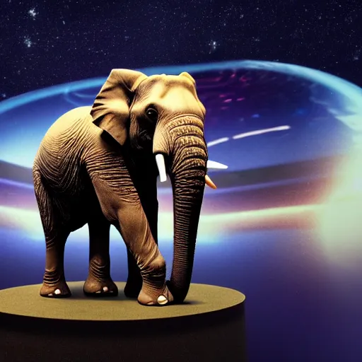 Prompt: a hyperrealistic 3D octane render of an elephant wearing oculus rift VR goggles, playing a keyboard inside of a dome planetarium with planets and galaxies, 8k, unreal engine, dramatic lighting, volumetric lighting, uplighting, ray tracing, photorealistic,