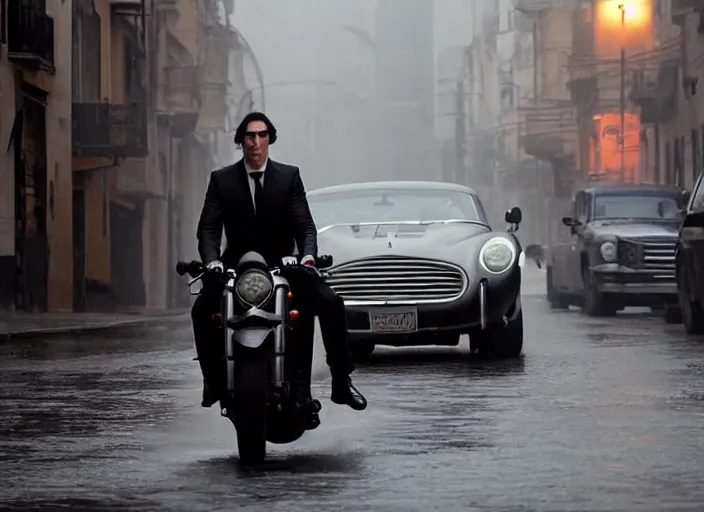 Image similar to first official image from bond 2 6, starring adam driver as agent 0 0 7, riding an actual live shark through the streets of valparaiso, chile in heavy rain. directed by alejandro inarritu. stunning cinematography, kodak vision 2 0 0 t, high contrast, anamorphic lens, chromatic aberration.