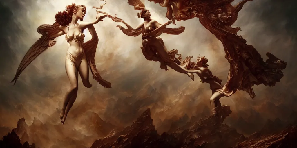 Prompt: The war between heaven and hell, by Rolf Armstrong and Evelyn De Morgan and Bastien Lecouffe-Deharme, dramatic lighting, high contrast colors, baroque, empyrean, panoramic view, as trending on Artstation, highly detailed, quake engine,