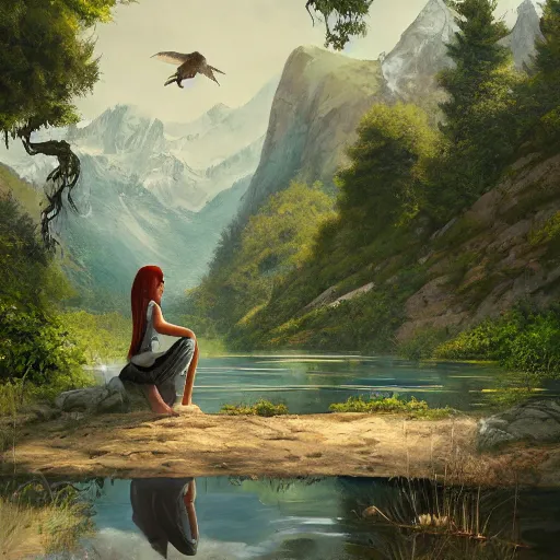 Image similar to Philosoraptor, sitting at a pond, mountainous area, trees in the background, oil painting, by Fernanda Suarez and Greg Rutkowski