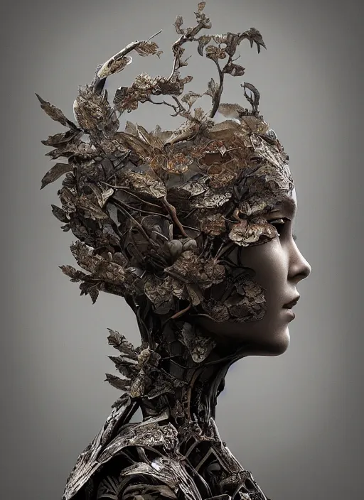 Prompt: a female android's face in profile, made of leaf skeletons, in the style of the Dutch masters and Gregory Crewdson, dark and moody intricate traditional Chinese textures, rococo decorations, hyper detail, Unreal engine,Octane render, by Karol Bak