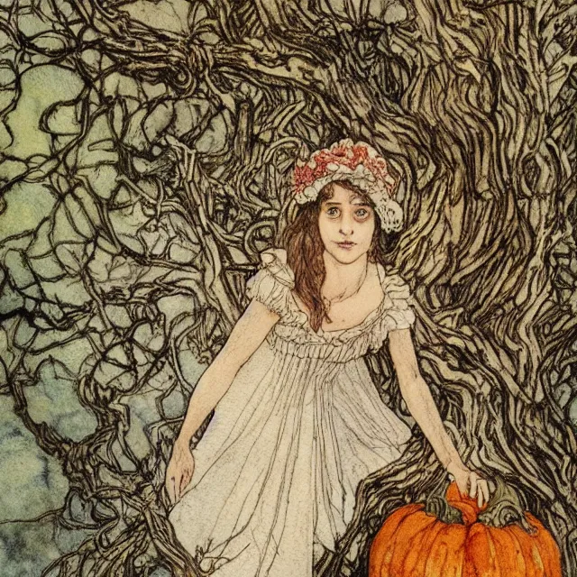 Image similar to a detailed, intricate watercolor and ink portrait illustration with fine lines, of a young alicia vikander in a dress climbing a gnarled tree in a pumpkin patch, by arthur rackham and edmund dulac