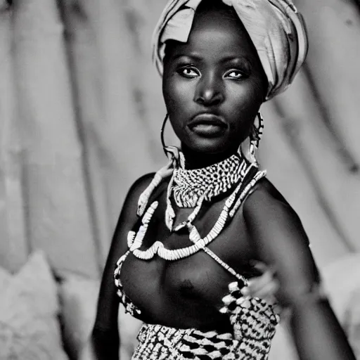 Prompt: vintage photo of a west African manding queen, photo journalism, photography, cinematic, national geographic photoshoot