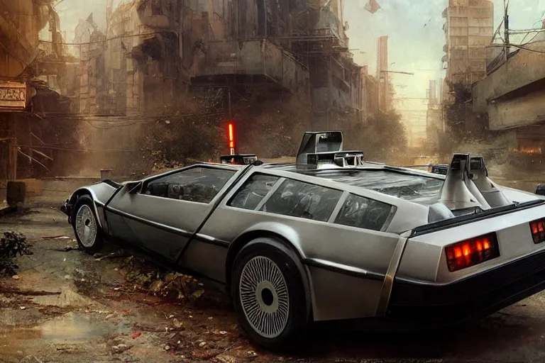 Image similar to photograph of the delorean, with a sleek spoiler, driving down the streets of a cyberpunk abandoned city, by greg rutkowski, by stanley artgerm, by alphonse mucha