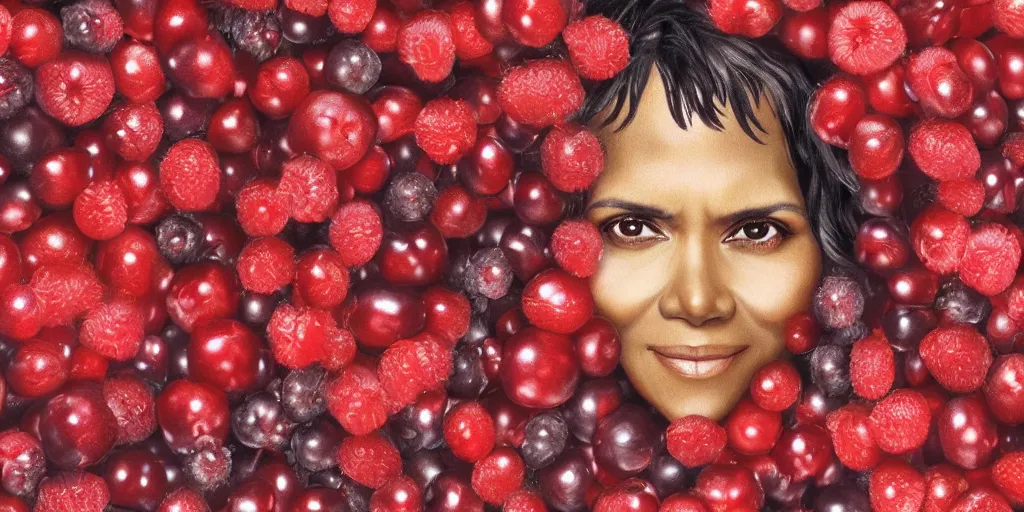 Image similar to ultra detailed two halle berry shaped exactly like berries on a tree duplicate rendered by octane digital painting inspired by arcimboldo