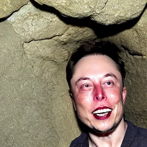 Image similar to photo inside a cavern of a wet reptilian humanoid rapper elon musk partially hidden behind a rock with black eyes open mouth and big teeth