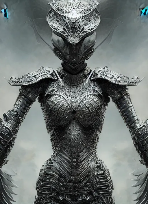 Prompt: hyperrealistic mixed media portrait of a beautiful armored warrior woman, stunning 3d render inspired art by Gerald Brom + perfect facial symmetry + dim volumetric lighting, ornate silver gothic armor, 8k octane beautifully detailed render, post-processing, extremely hyperdetailed, intricate, epic composition, grim yet sparkling atmosphere, cinematic lighting + masterpiece, trending on artstation, Art Nouveau