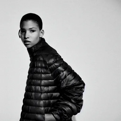 Image similar to realistic photoshooting for a new issey miyake lookbook, color film photography, portrait of a beautiful woman, model is wearing a asymetrical puffer jacket, photo in style of tyler mitchell, 3 5 mm,