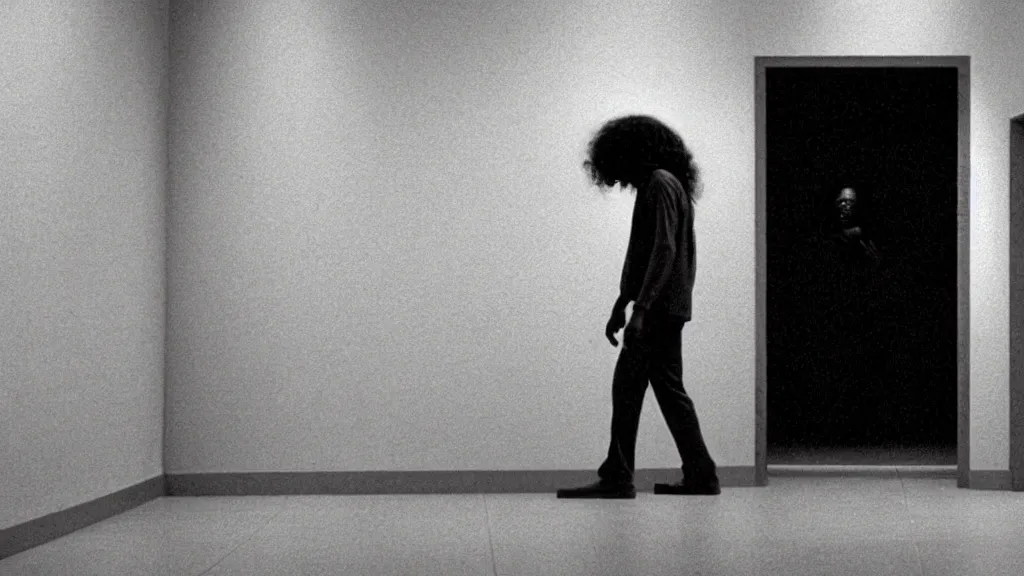 Image similar to photo from distance of a black man with long curly hair, carrying a electric guitar, walking out of from the past door, film still from the movie directed by Denis Villeneuve with art direction by Zdzisław Beksiński, wide lens