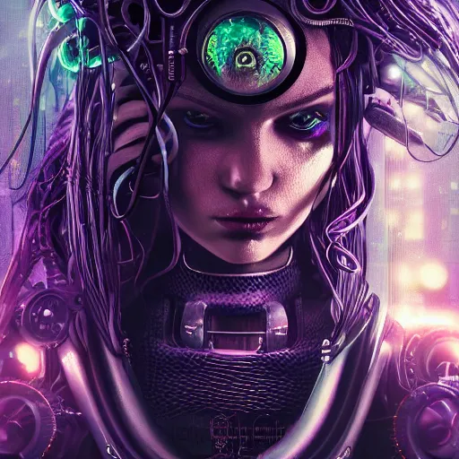 Prompt: Cyberpunk medusa, dark atmosphere, cinematic shot, glamour, intricate, ornate, photorealistic, ultra detailed, realistic, 35mm, photography, neon, octane, high definition, depth of field, bokeh, 8k, artstation