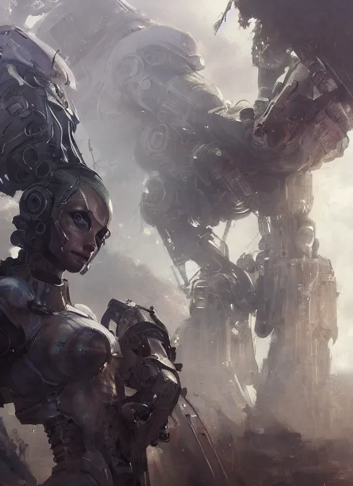 Prompt: beautiful painting by jeremy mann, a female mecha paladin absurdly beautiful, elegant, ultrafine hyperrealistic detailed face illustration by wlop and artgerm and greg rutkowski, ominous, unsettling, intricate linework, sharp focus, smooth, octopath traveler, final fantasy, unreal engine highly rendered, global illumination, dramatic lighting, 8 k