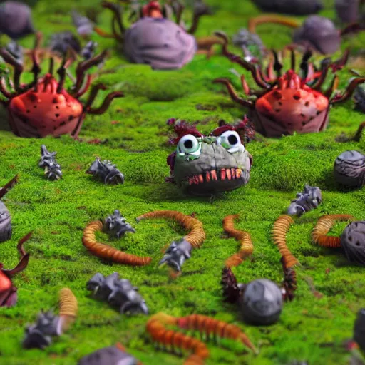 Prompt: voidless of the festival!, large group of crabs and worms, crawling along a bed of moss, low poly, creeper world, handcrafted, artstation, hyperrealistic, hard light, best practices, creeptastic, photorealism, macro perspective, cuddly