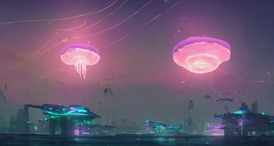 Image similar to A Jellyfish city rendered by Beeple, Makoto Shinkai, syd meade, simon stålenhag, environment concept, digital art, unreal engine, WLOP, trending on artstation, low level, 4K UHD image, octane render,