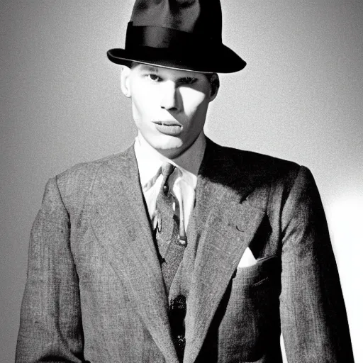 Image similar to A photograph portrait of Jerma985 wearing a suit with and fedora in the 1940s, taken in the early 1940s, grainy, taken on a 940s Kodak Camera, realistic, hyperrealistic, very realistic, highly detailed, very detailed, extremely detailed, detailed, digital art, trending on artstation