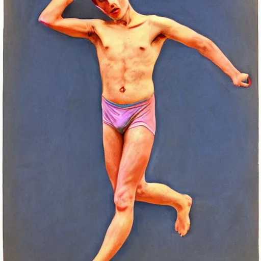 Prompt: an artistic color dry pastel study of a young male body, full body, dynamic pose, berne hogarth, david hockney