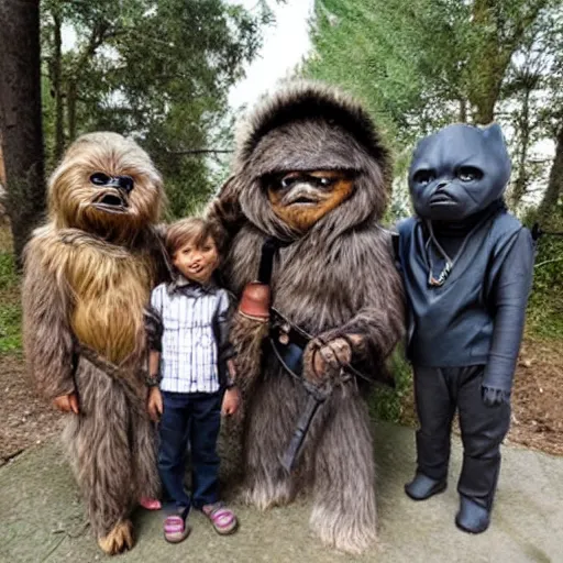 Image similar to Ewok family taking selfie at the gates of Mordor