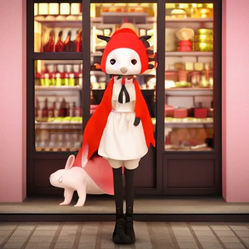 Image similar to cute fumo plush of a foxgirl shop owner, three point lighting, dramatic, anime, vray