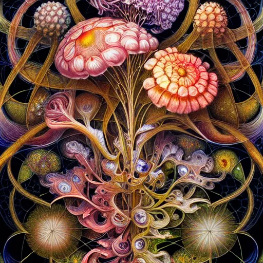 Image similar to an ultra hd detailed painting of many different types of flowers by Android Jones, Earnst Haeckel, James Jean. behance contest winner, generative art, Baroque, intricate patterns, fractalism, movie still, photorealistic
