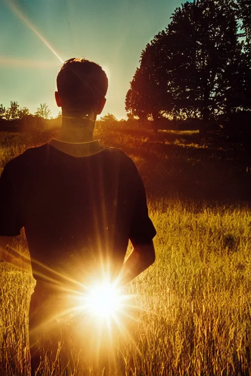 Image similar to agfa vista 4 0 0 photograph of a skinny guy getting abducted by aliens in a field, lens flare, flower crown, back view, moody lighting, moody vibe, telephoto, 9 0 s vibe, grain, vintage, tranquil, calm, faded