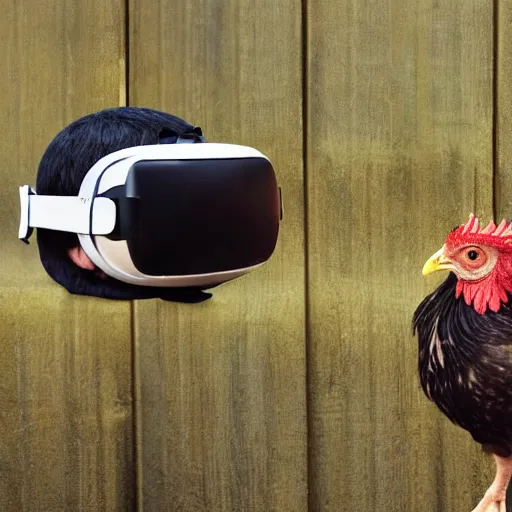 Image similar to a photo of a chicken wearing a chicken-sized VR headset over its head