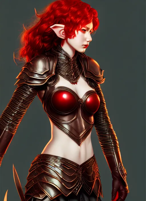 Image similar to leather armor!!! beautiful and elegant curly red hair female elf!! gorgeous ayes!! character concept art, sharp focus, octane render! unreal engine 5! highly rendered!! trending on artstation!! detailed linework!! illustration by artgerm, wlop, and chie yoshii