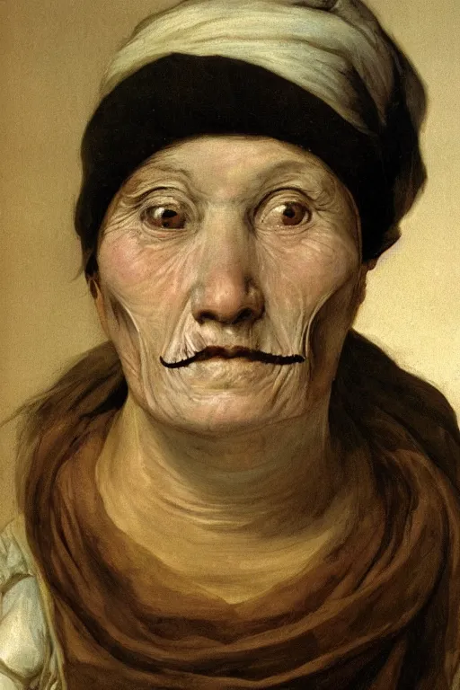 Prompt: hyperrealism extreme close-up portrait of medieval female with with leprosy, with mustache, pale skin, wearing cylinder hat, in style of Francisco Goya