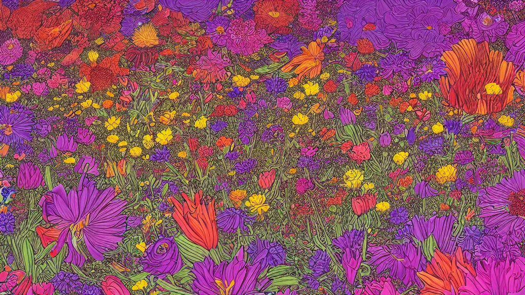 Image similar to highly detailed illustration of an explosion of all known species of flowers by moebius, 4 k resolution, realistic colors