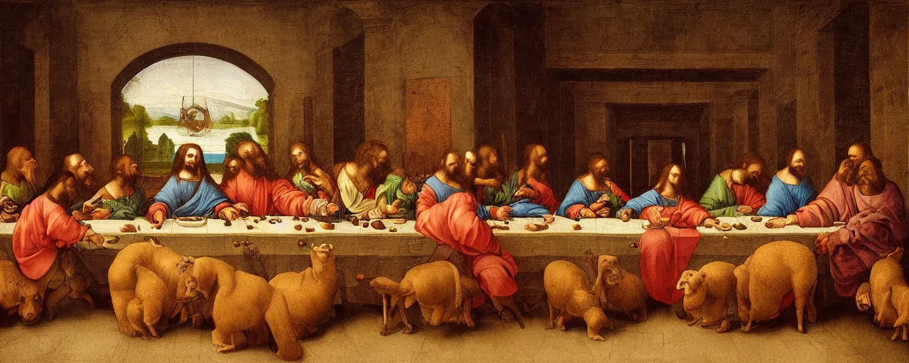 Prompt: A painting in the style of the last supper by Leonardo Da Vinci but with animals instead of people. High detail