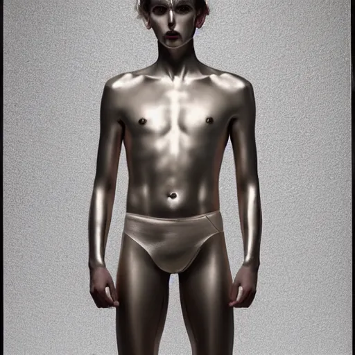 Image similar to a portrait beautiful athletic male holographic metal manequin, photographed by erwin olaf