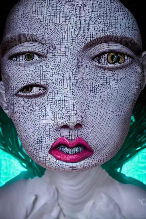 Image similar to full head and shoulders, beautiful porcelain female person, mixed with three giant eyes in macro detail, smooth, delicate facial features, white detailed eyes, white lashes, 3 d white shiny thick, wearing colourful streetwear, background is a wall of leaves, by daniel arsham and james jean, featured in pictoplasma