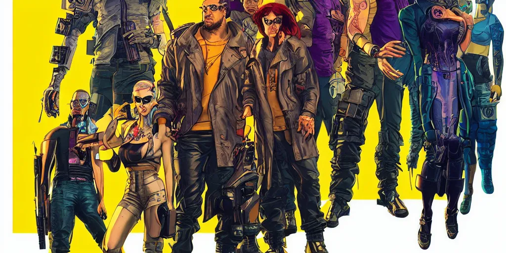 Image similar to cyberpunk heist crew. portrait by stonehouse and mœbius and will eisner and gil elvgren and pixar. character design. realistic proportions. dystopian. cyberpunk 2 0 7 7 character art, blade runner 2 0 4 9 concept art. cel shading. attractive face. thick lines. hi def 4 k. the team. detailed interesting characters. realistic expressive faces.