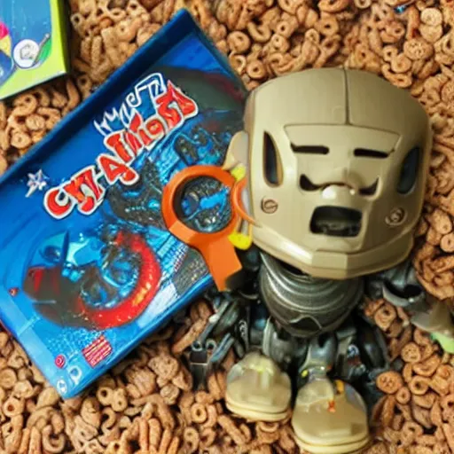 Image similar to Extremely detailed realistic cyborg is confused finding a toy inside a cereal box, award winning photo, stylistic lighting