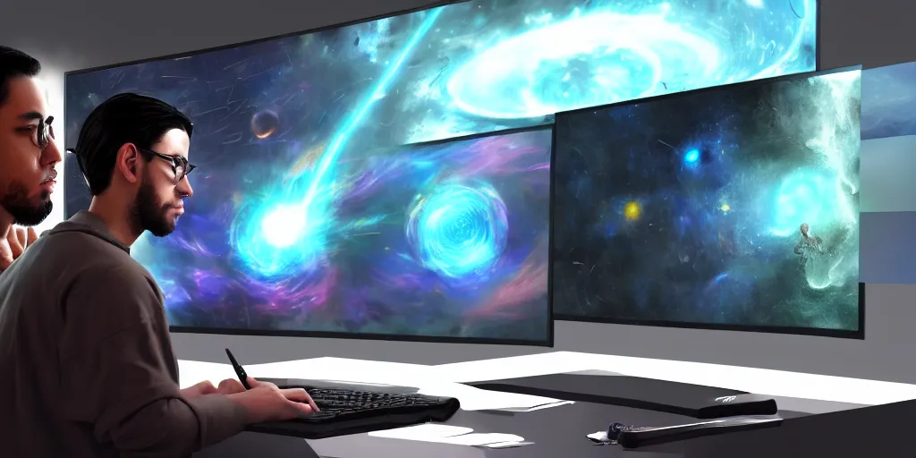 Prompt: a young mage creating a universe in his pc, a male mage in his 2 0 s with black hair sitting in front of wide monitor. hyperrealistic, extremely detailed, award - winning art, trending on artstation