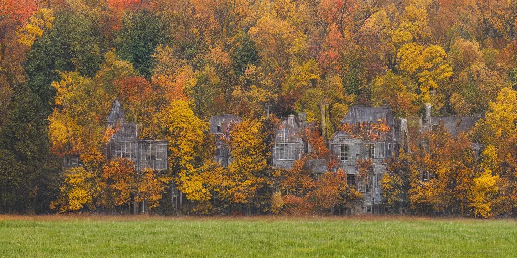 Image similar to multiple old windows suspended above an open meadow, raining, october, autum, muted colors