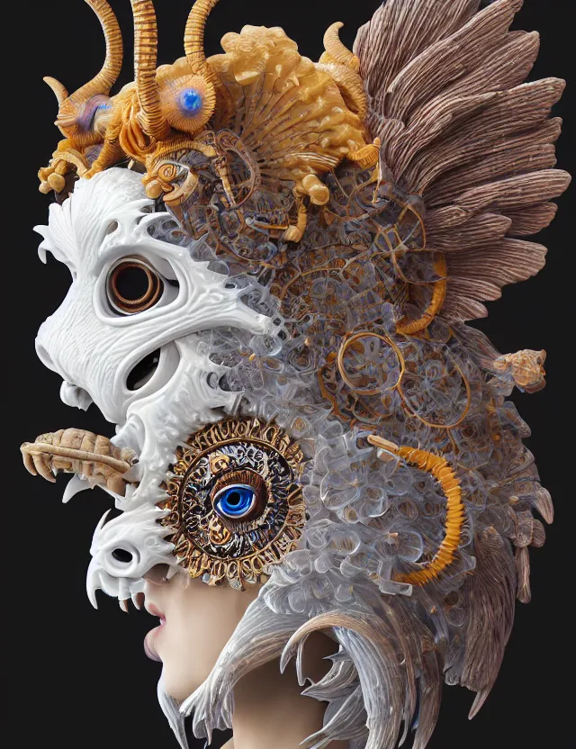 Image similar to 3 d goddess close - up profile solarpunk portrait ram skull. beautiful intricately detailed japanese crow kitsune mask and clasical japanese kimono. betta fish, jellyfish phoenix, bio luminescent, plasma, ice, water, wind, creature, artwork by tooth wu and wlop and beeple and greg rutkowski